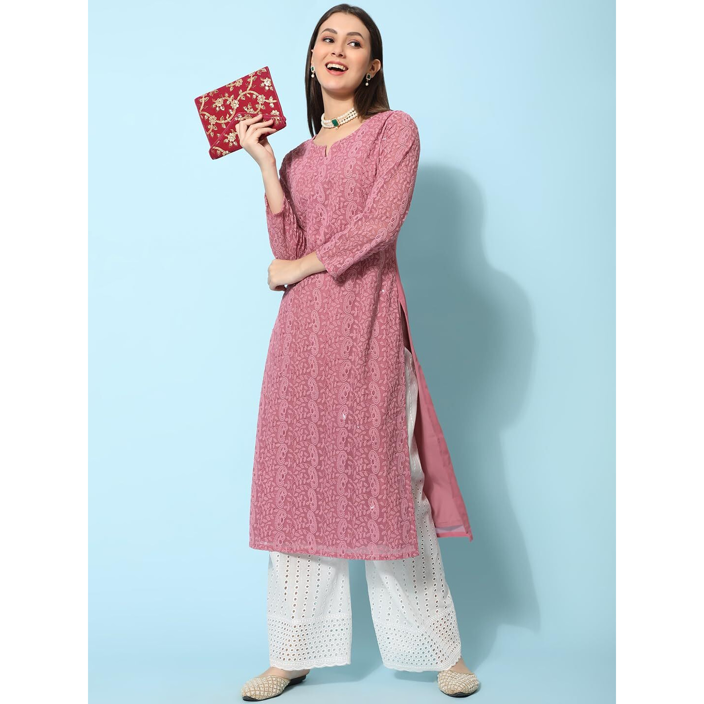 Gufrina Women's 3/4 Sleeve Lakhnavi Embroidery Work Kurta With Chikankari Palazzo Set - Elegant Ethnic Wear (Pink Xl)