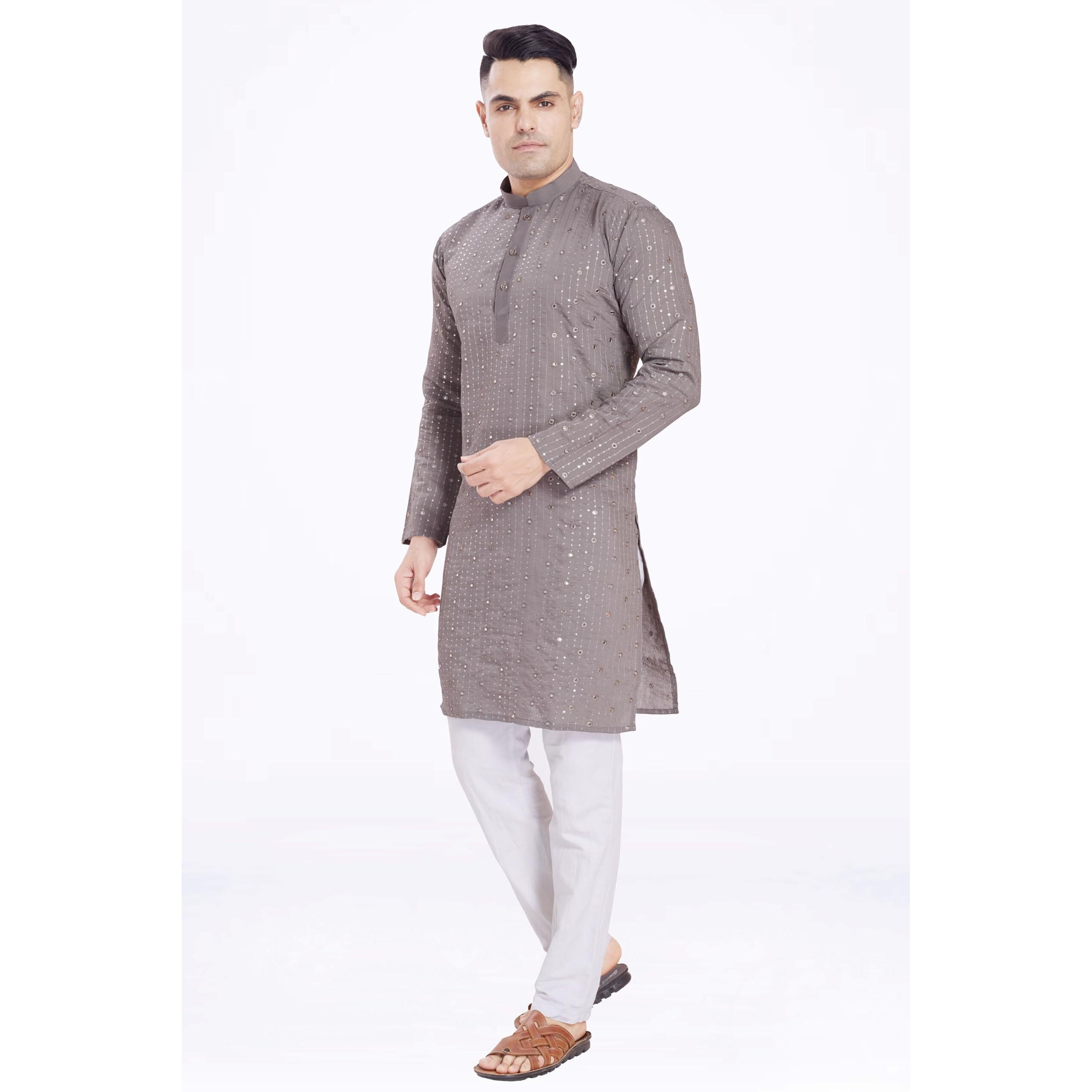 Divisive Men's Sequince Mirror Embroidered Cotton Silk Blend Only Slim Fit Kurta (Dkrt178_S_Grey)