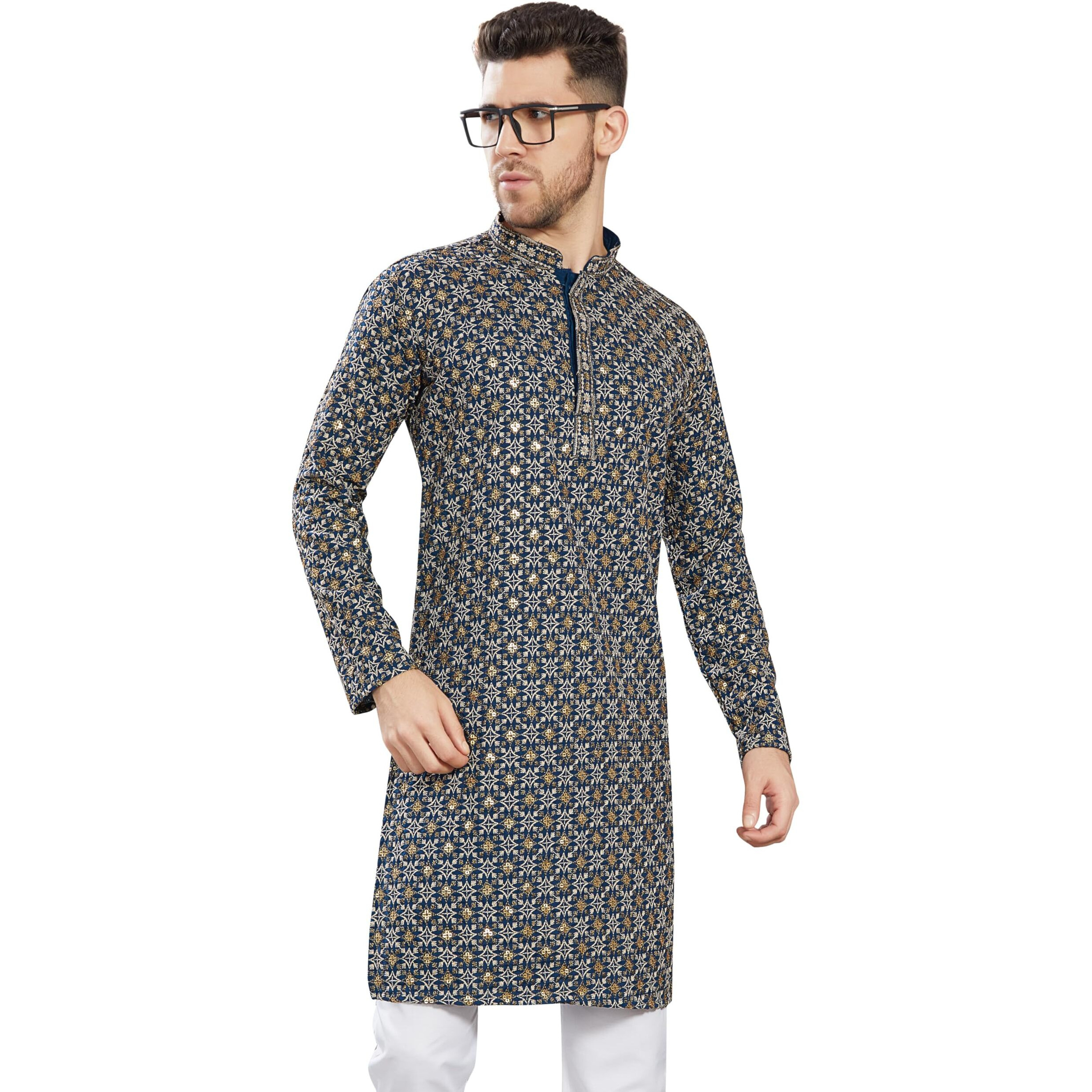 Divisive Men's Sequince Embroidered Cotton Blend Only Slim Fit Kurta (Dkrt756_Xl_Aqua Blue)