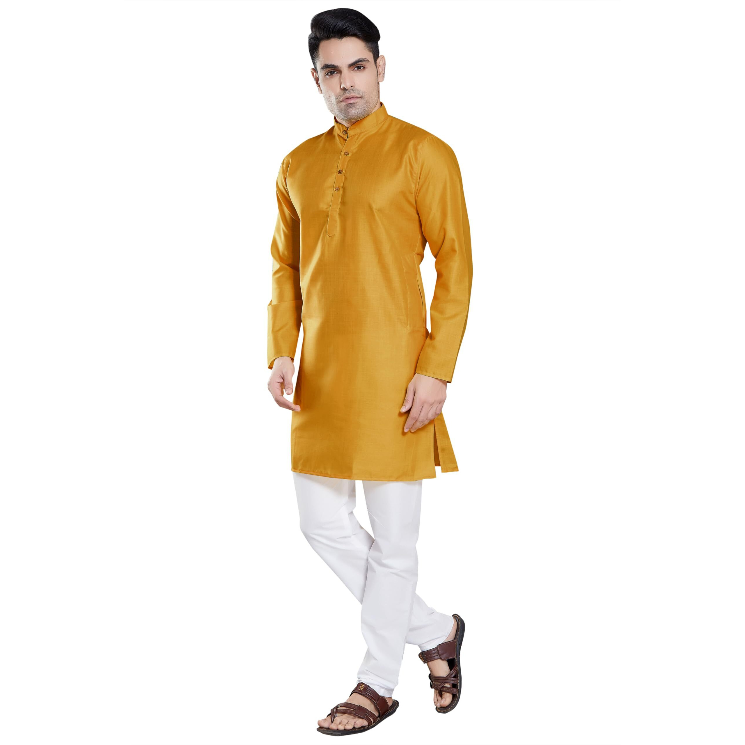 Divisive Men's Plain Cotton Blend Linen Slim Fit Kurta Pyjama Set (Dkrt65_S_Mustard)