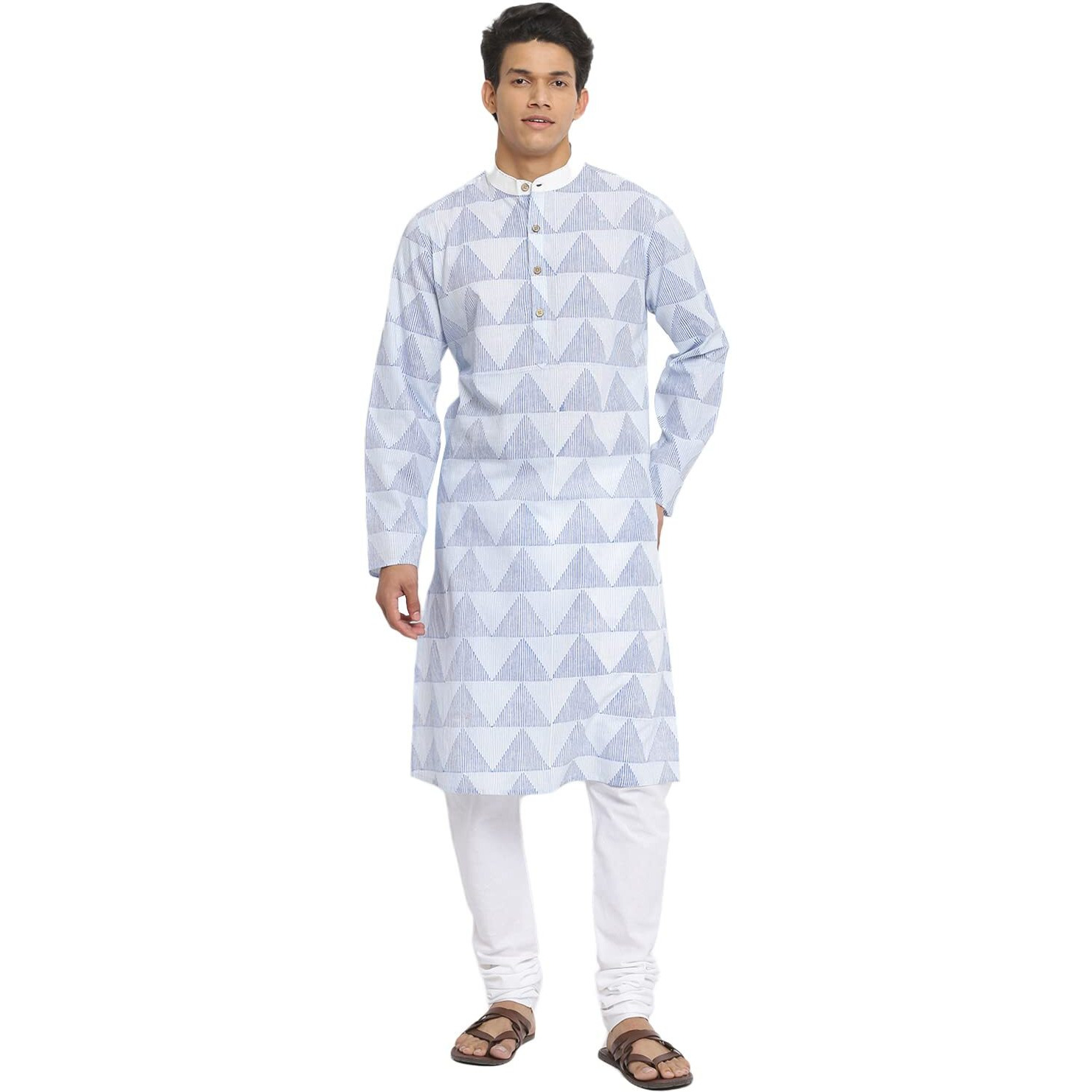 Fabindia Men Bock Print Contrast Chinese Collar Cotton Long Kurta Hand_Xs Blue