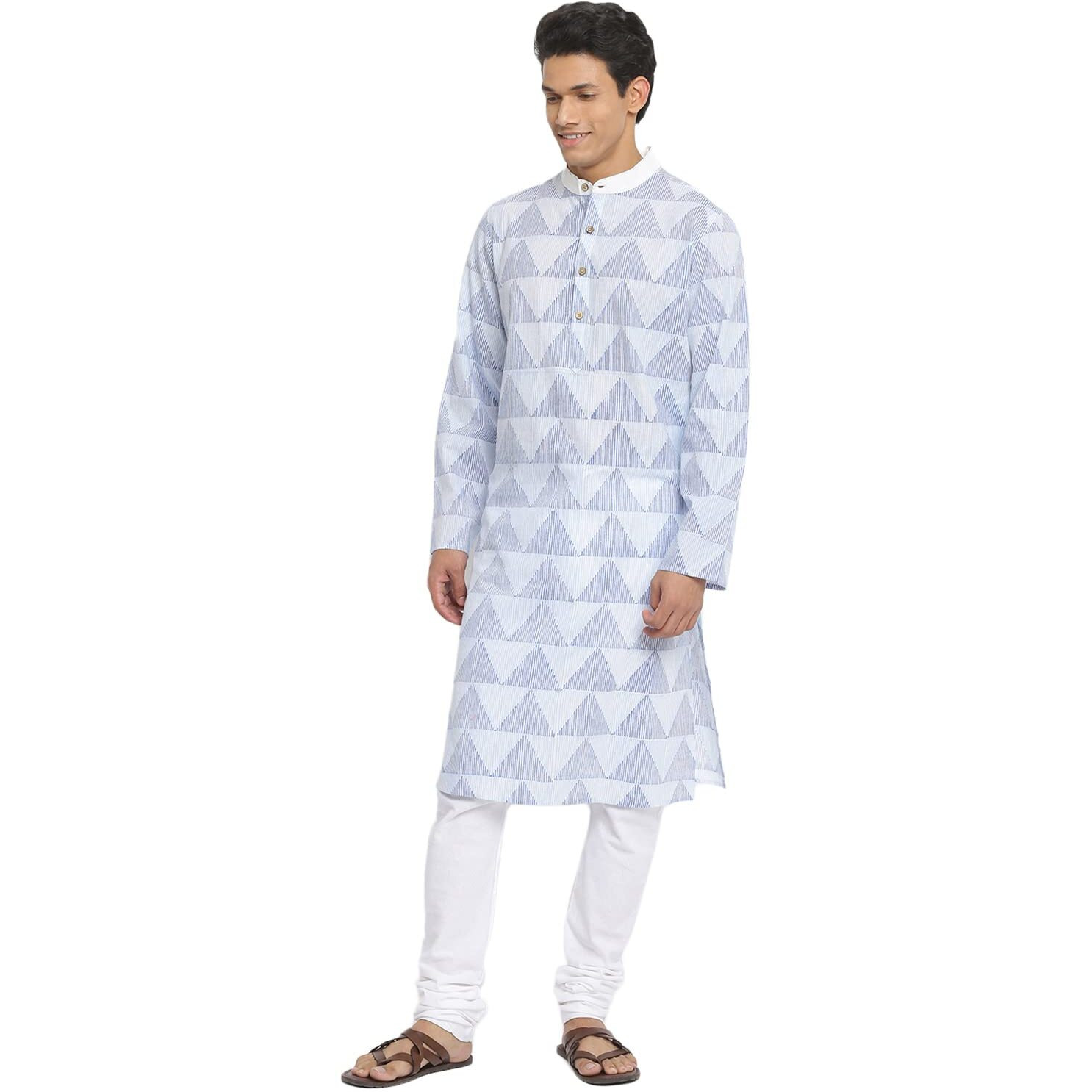 Fabindia Men Bock Print Contrast Chinese Collar Cotton Long Kurta Hand_Xs Blue