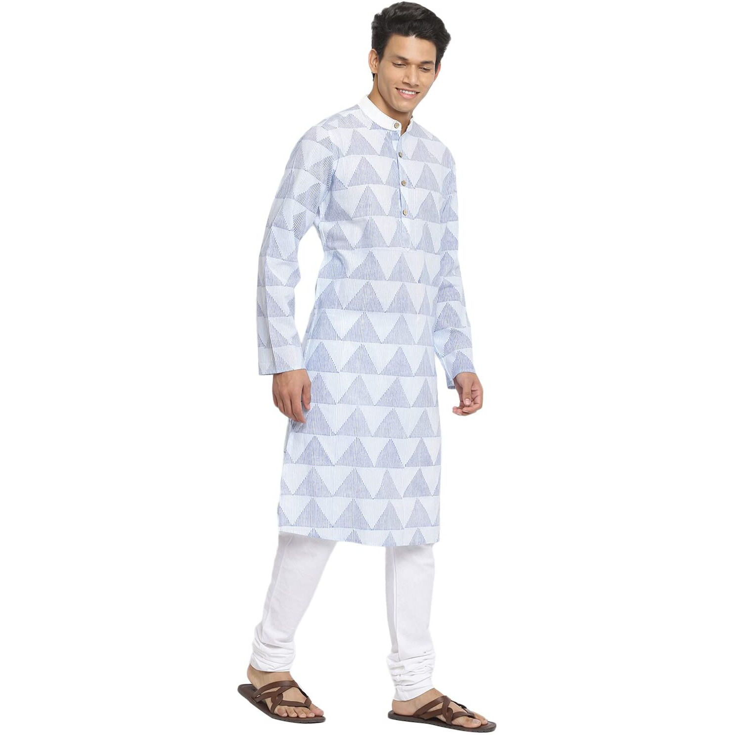 Fabindia Men Bock Print Contrast Chinese Collar Cotton Long Kurta Hand_Xs Blue