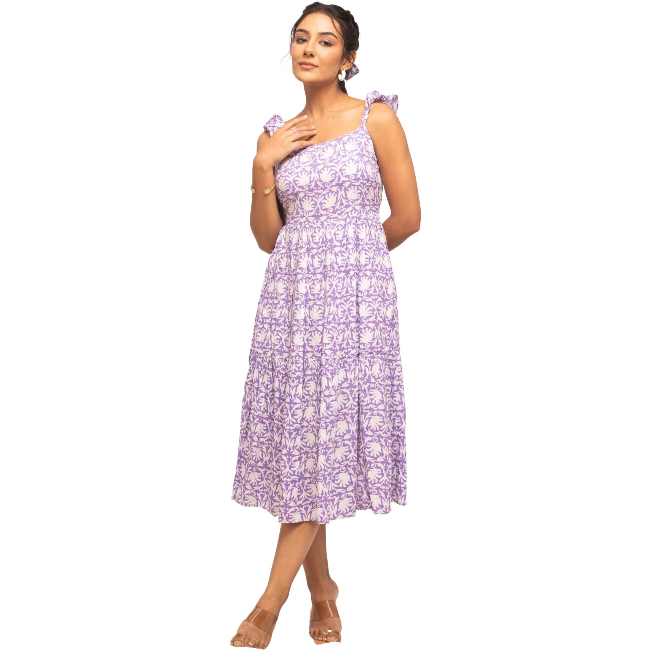 Fiorra Women's Lavender Cotton Floral Printed Dress Dr0005