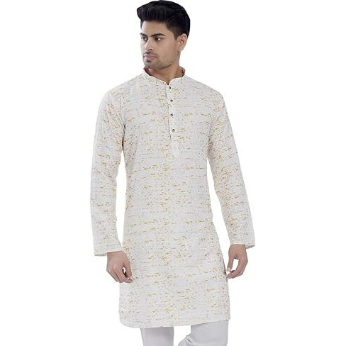 Divisive Men's Sequince Embroidered Printed Cotton Blend Only Slim Fit Kurta (Dkrt685_L_White Yellow)