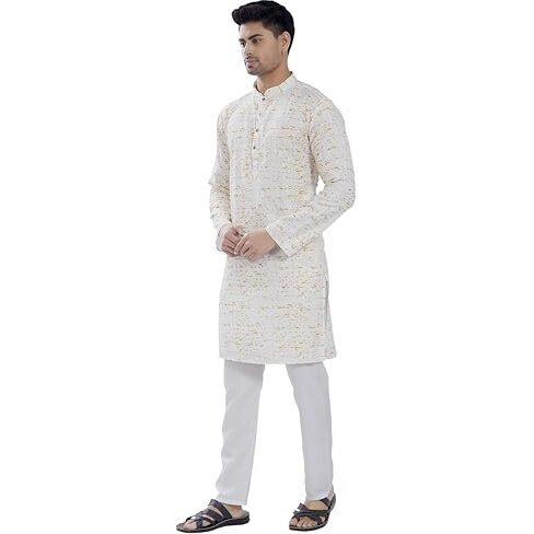 Divisive Men's Sequince Embroidered Printed Cotton Blend Only Slim Fit Kurta (Dkrt685_L_White Yellow)