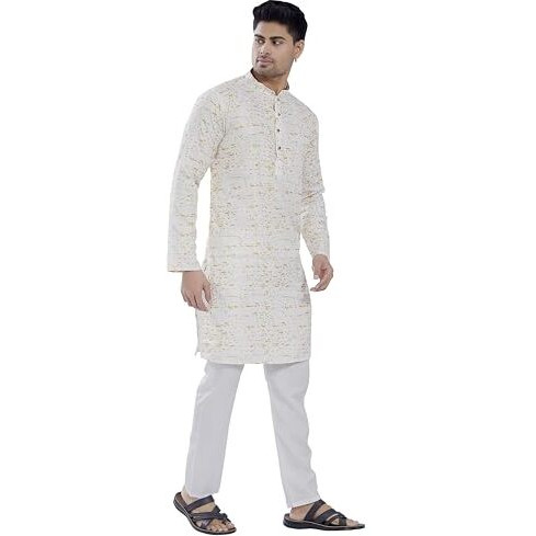 Divisive Men's Sequince Embroidered Printed Cotton Blend Only Slim Fit Kurta (Dkrt685_L_White Yellow)