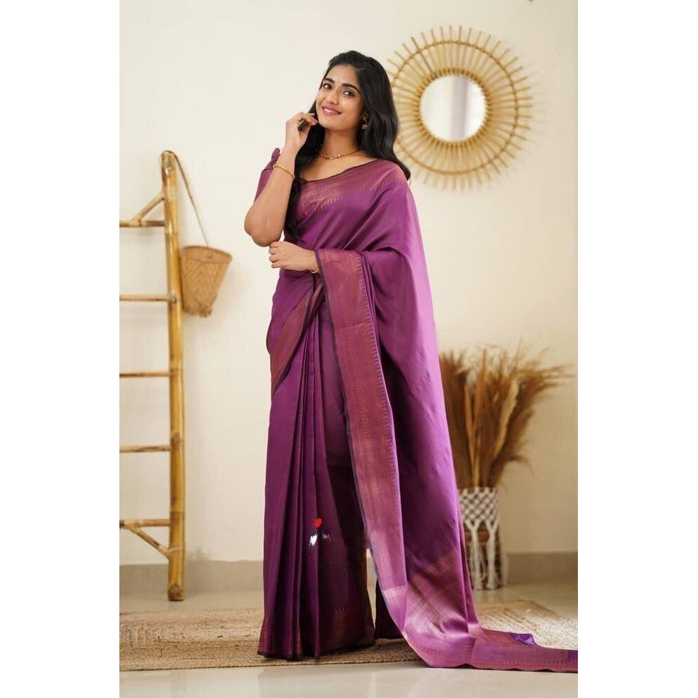 Flosive Women's Present Banarasi Soft Lichi Silk Saree Beautiful Jacquard Rich Pallu Design Work Zari Woven Kanjivaram Silk Style Saree With Soft Lichi Silk Blouse Piece Ayn (Wine).