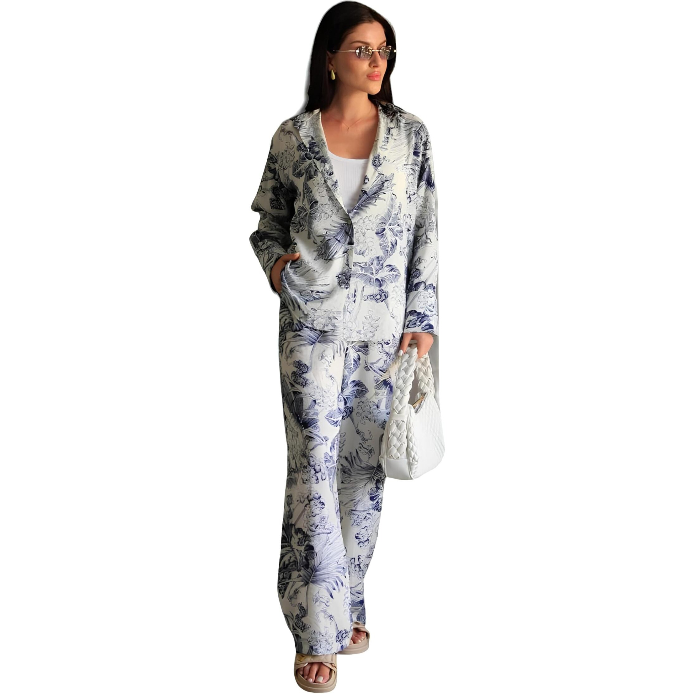 Gufrina Women's Full Sleeve Chinese Collar Top With Open Bottom Floral Printed Co-Ords Set - Elegant Print (White L)