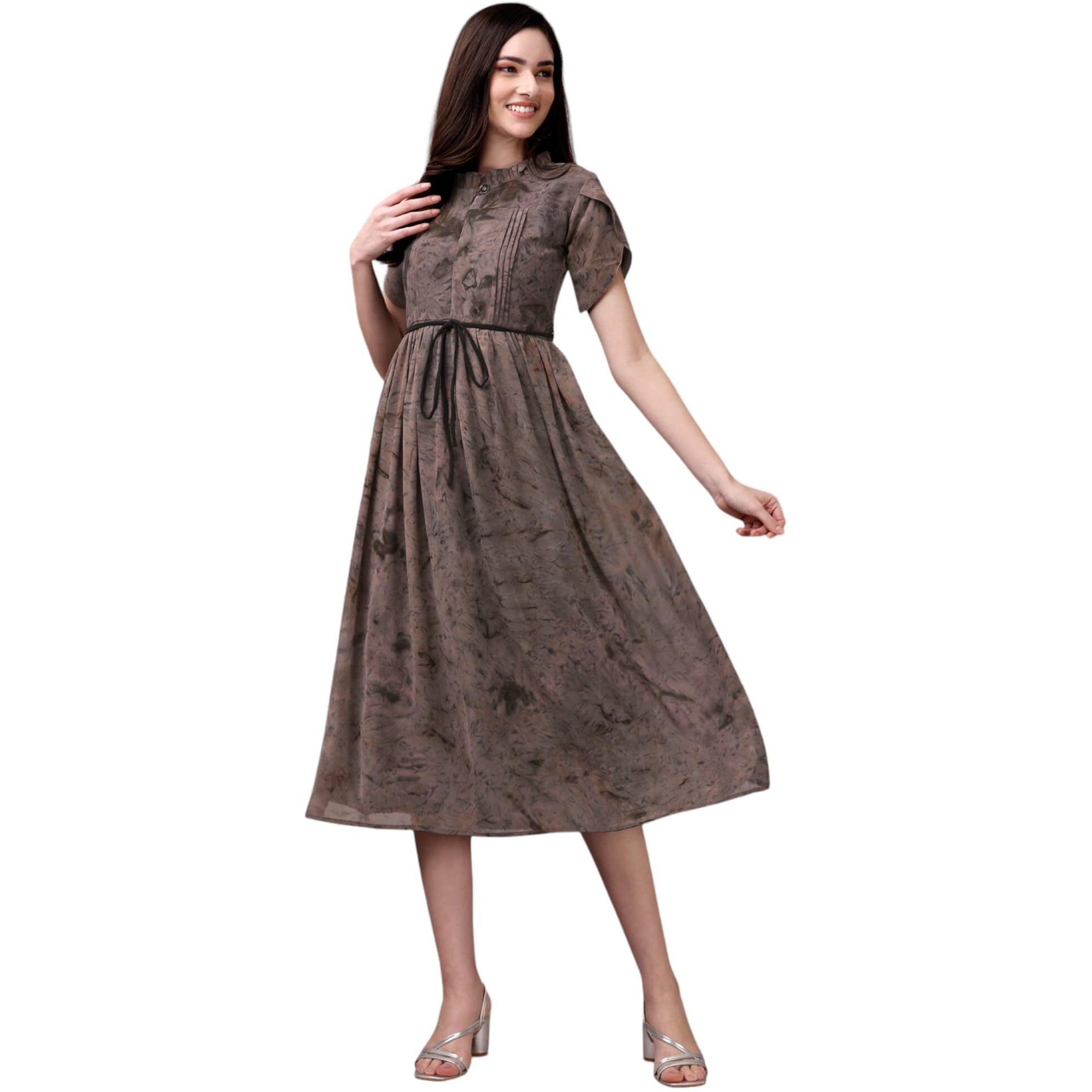 Gufrina Women's Half Sleeve Ruffle Neck & Tie-Up Dress - Elegant Midi Dress With Pleated Details (Grey S)