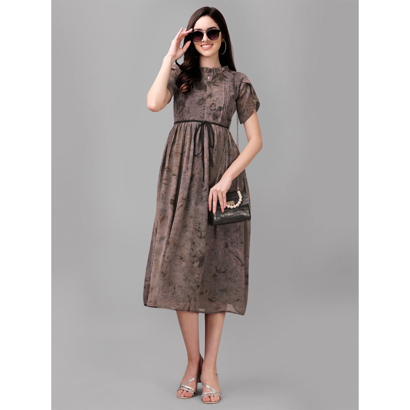 Gufrina Women's Half Sleeve Ruffle Neck & Tie-Up Dress - Elegant Midi Dress With Pleated Details (Grey S)