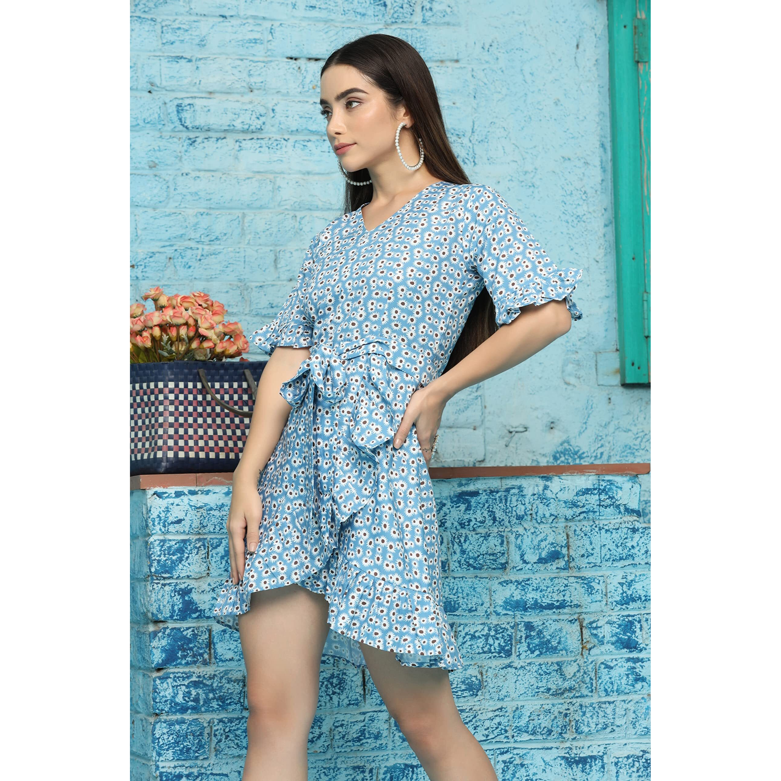 Greciilooks Womens Rayon A-Line Regular Fit Dress (Sky-Blue, Large)