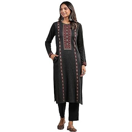 Ishin Women's Charcoal Jacquard Style Ethnic Motifs Straight Winterwear Kurta
