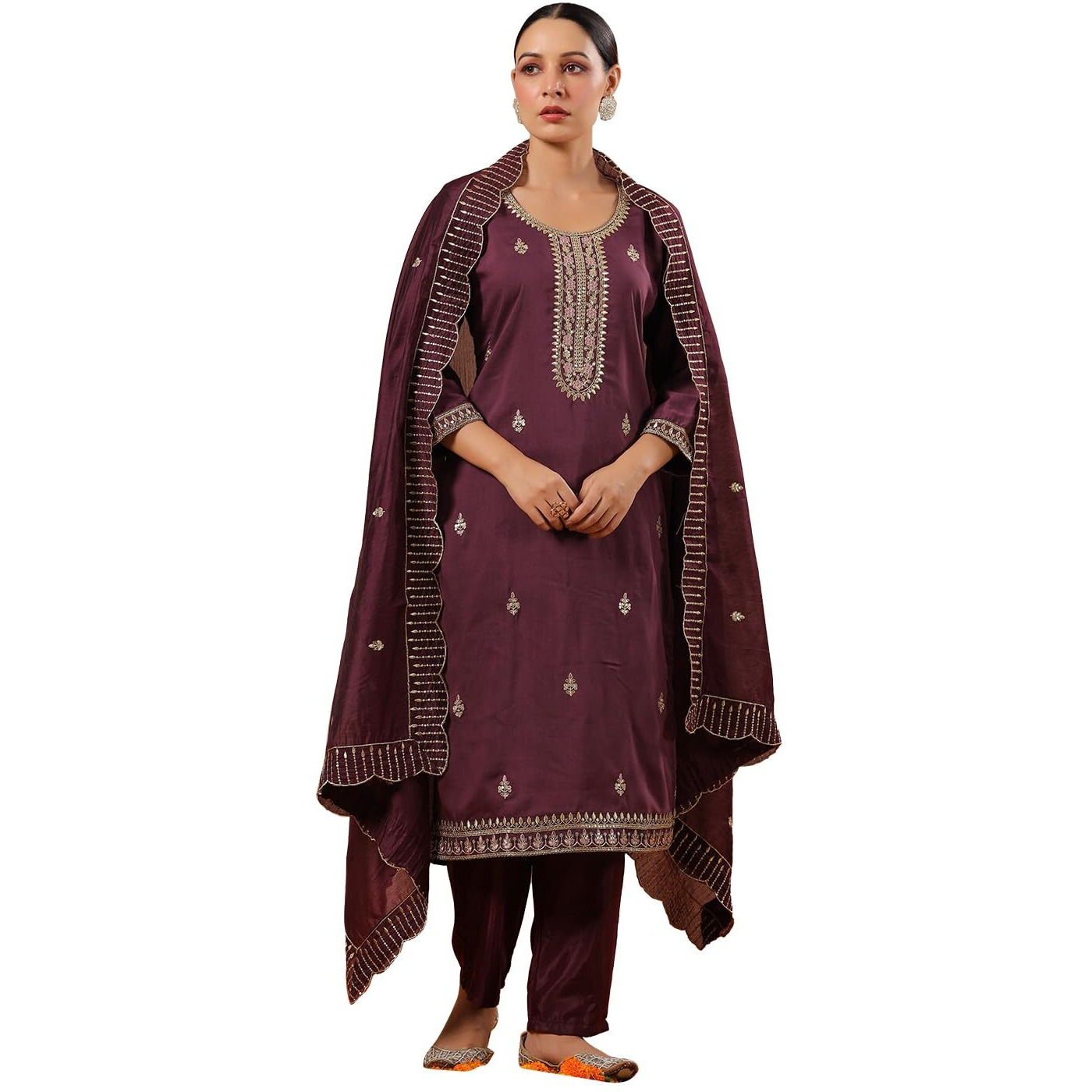 Ishin Women's Poly Silk Ethnic Motifs Zari Purple Straight Kurta Suit Set With Trousers And Dupatta
