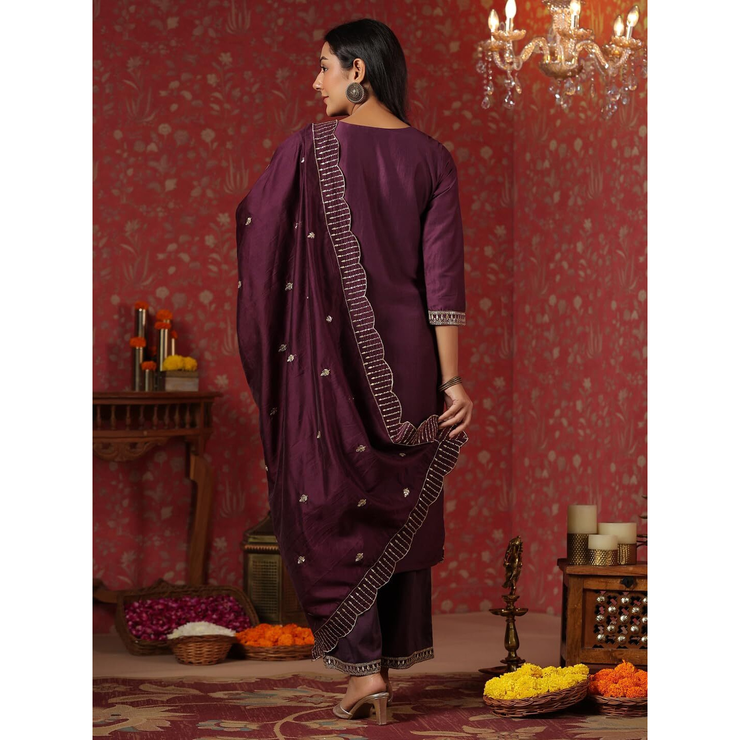 Ishin Women's Poly Silk Ethnic Motifs Zari Purple Straight Kurta Suit Set With Trousers And Dupatta