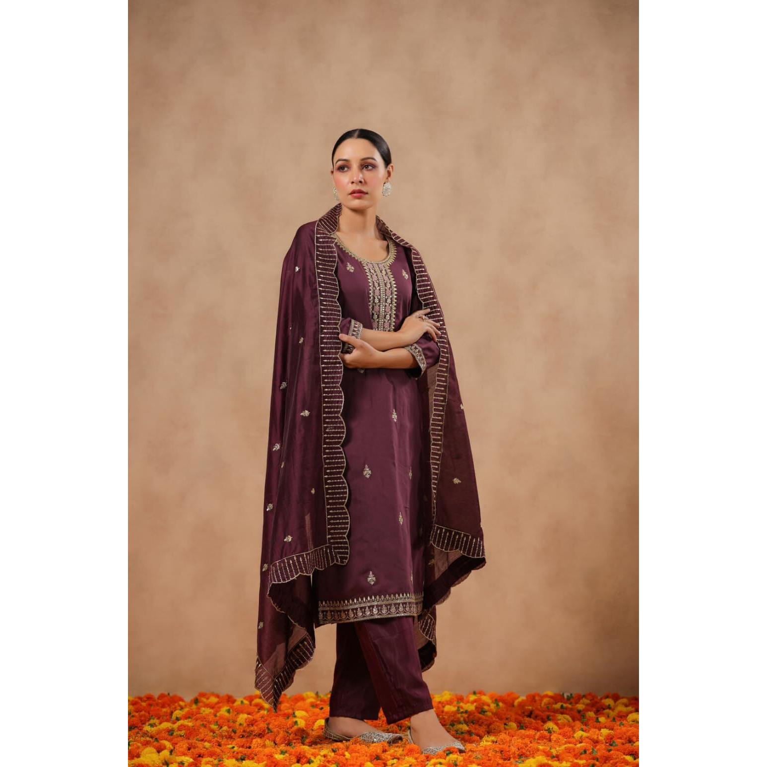 Ishin Women's Poly Silk Ethnic Motifs Zari Purple Straight Kurta Suit Set With Trousers And Dupatta