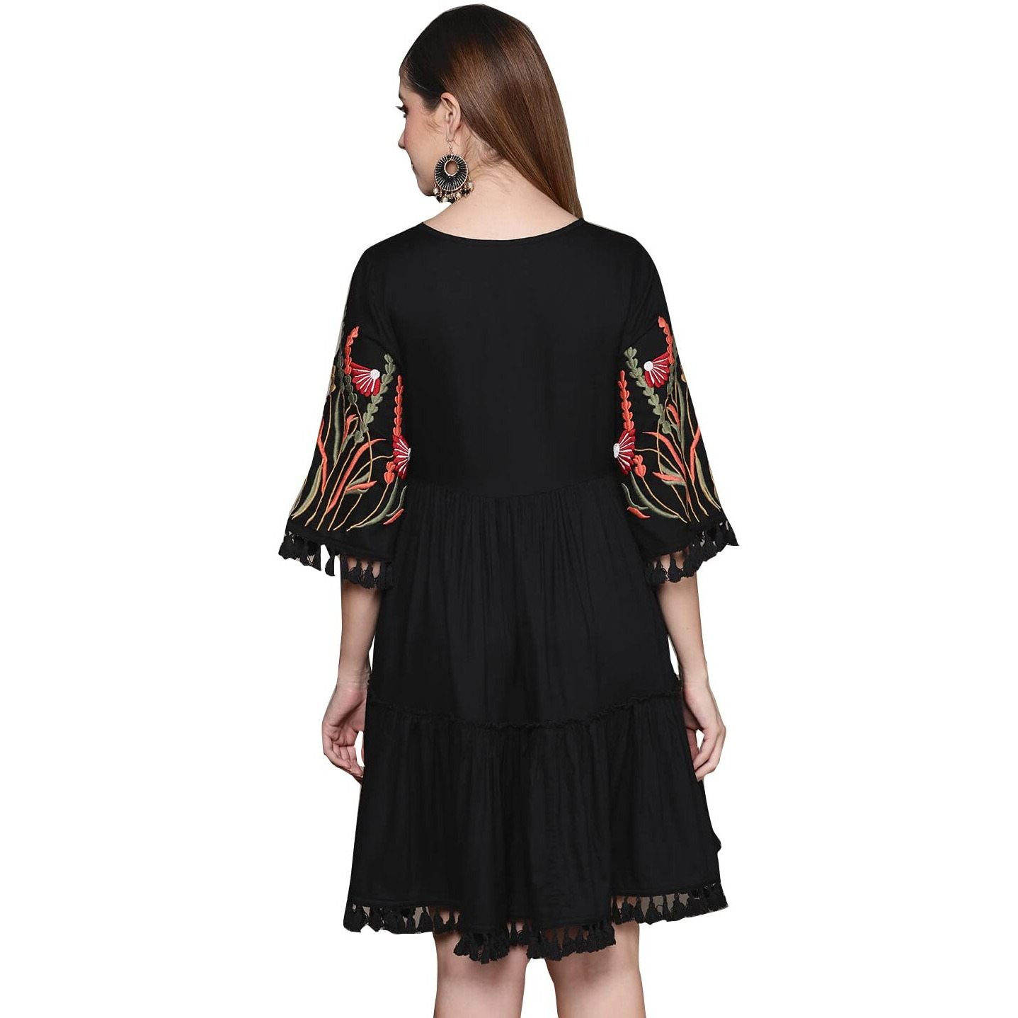 Ishin Women's Knee Length Viscose Rayon Embroidered Floral Black A-Line Dress Topgdw-23008_S_Black
