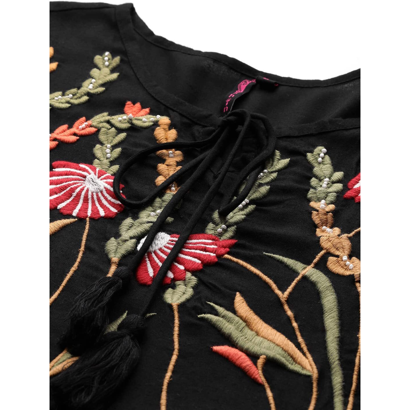 Ishin Women's Knee Length Viscose Rayon Embroidered Floral Black A-Line Dress Topgdw-23008_S_Black