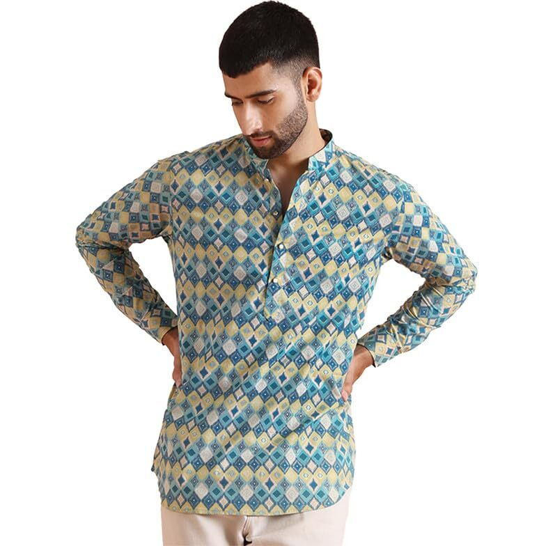 Kisah Men's Short Kurta, Multi Cotton Blend, Printed Regular Fit Mandarin Collar Full Sleeves (38) Multicolour