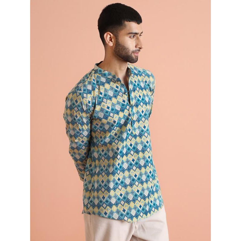 Kisah Men's Short Kurta, Multi Cotton Blend, Printed Regular Fit Mandarin Collar Full Sleeves (38) Multicolour