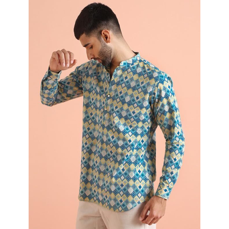 Kisah Men's Short Kurta, Multi Cotton Blend, Printed Regular Fit Mandarin Collar Full Sleeves (38) Multicolour
