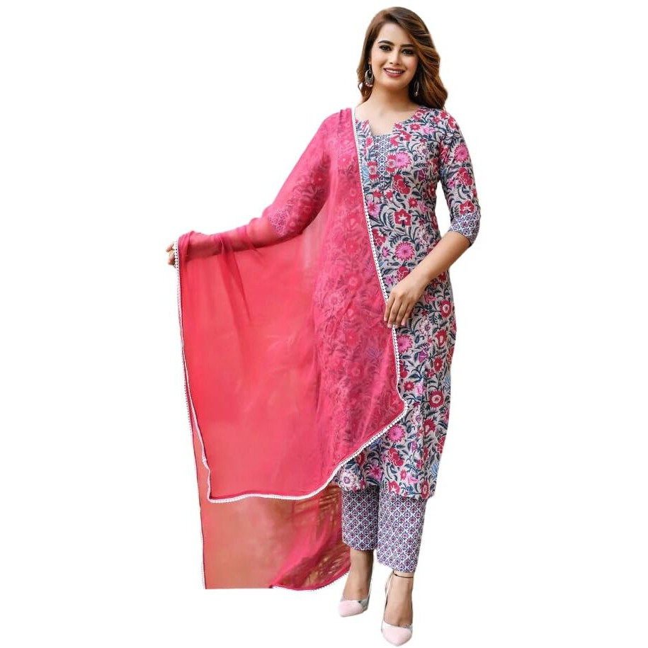 Leriya Fashion Floral Dresses For Women & Straight Kurtis, Kurta Set With Dupatta For Women (Xxx-Large, Grey)