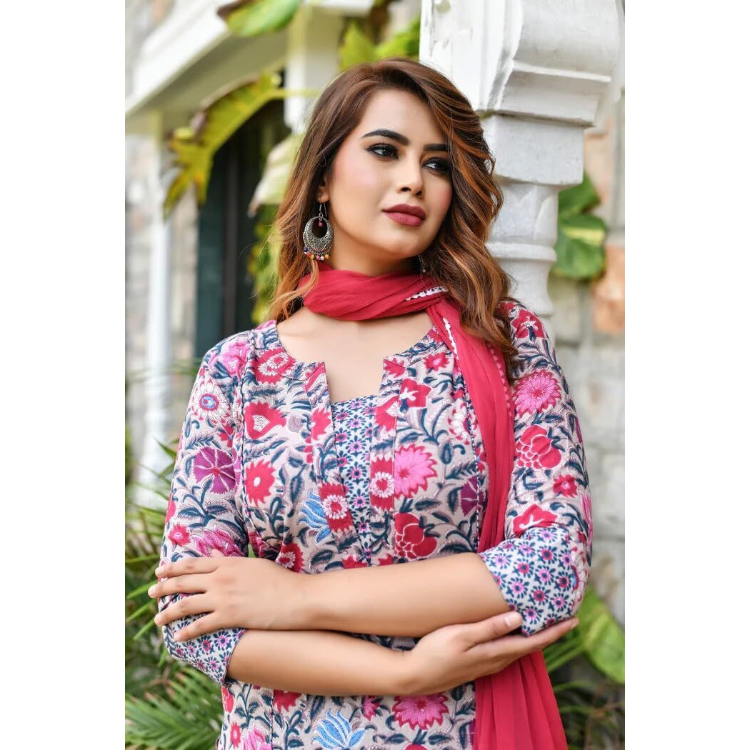 Leriya Fashion Floral Dresses For Women & Straight Kurtis, Kurta Set With Dupatta For Women (Xxx-Large, Grey)