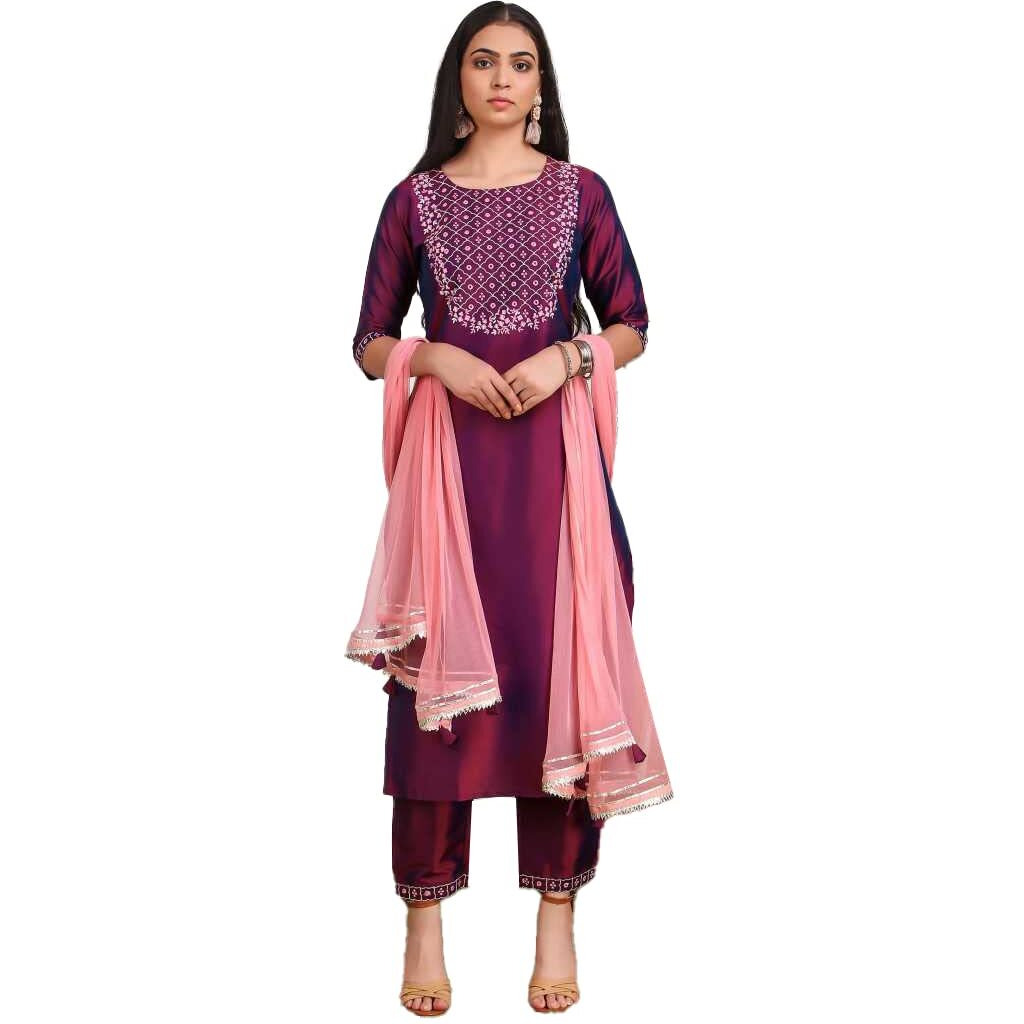 Lookmark Womens Art Silk Kurta And Pant Set With Dupatta(Ks2037-L_Purple)