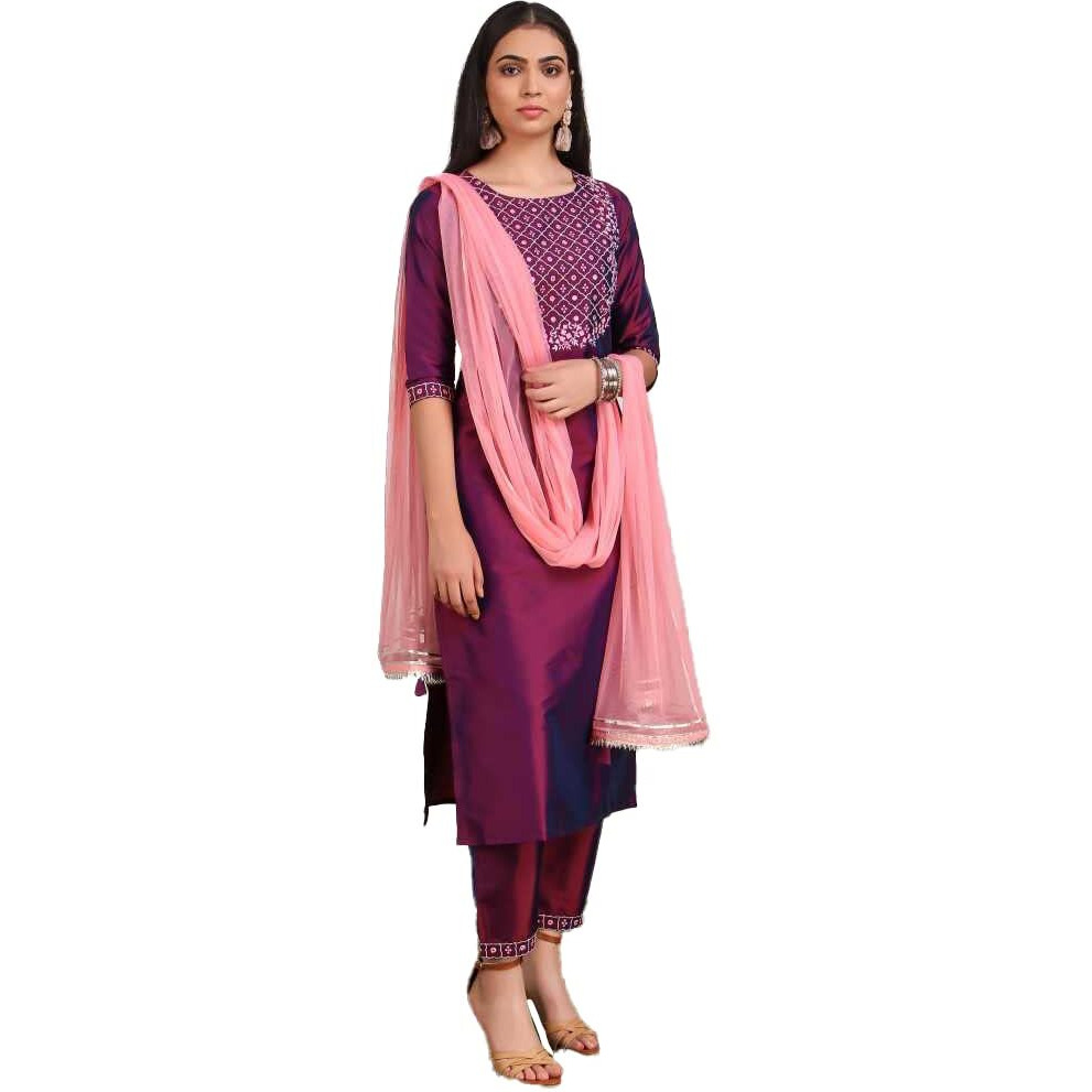 Lookmark Womens Art Silk Kurta And Pant Set With Dupatta(Ks2037-L_Purple)