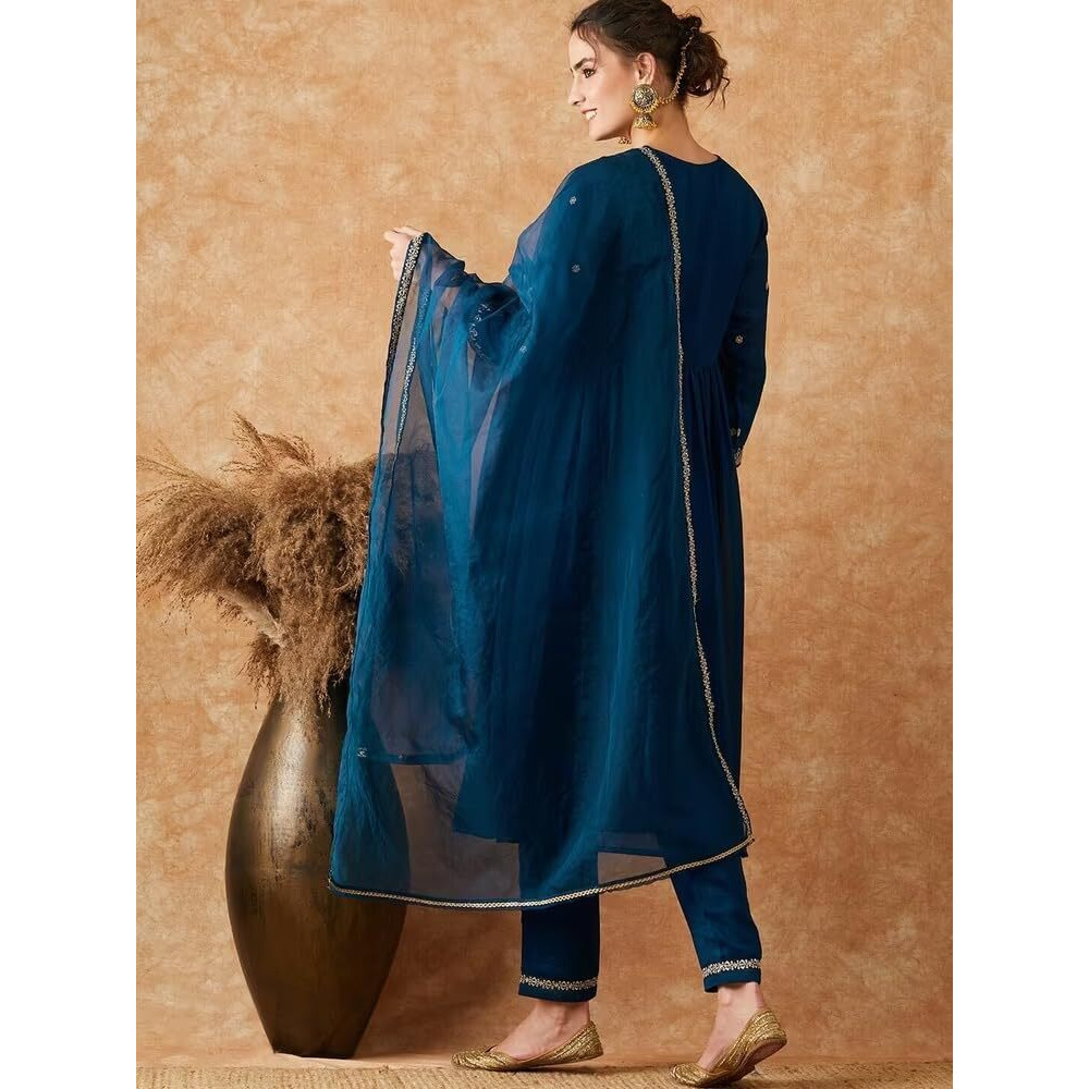 Lookmark Women's Embroidered Georgette Alia Cut Kurta Pant Dupatta Set - Trendy And Elegant Ethnic Wear For Women (Az-Lm-Og-Ks2112-Xxl) Blue