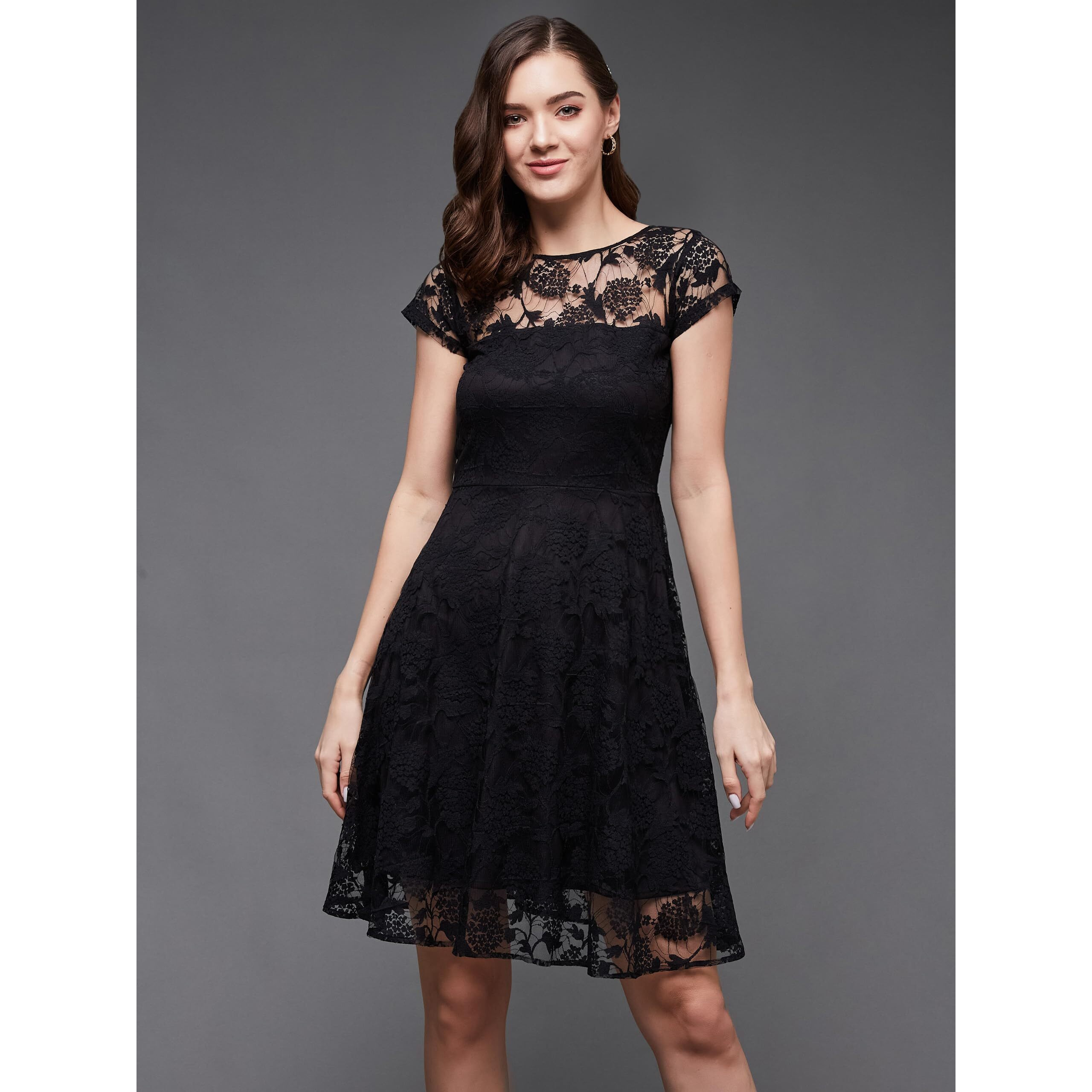 Miss Chase Women's Round Neck Cap Sleeves Low Back Lace Skater Dress(Mcss23D98-29-62-04, Black, M)