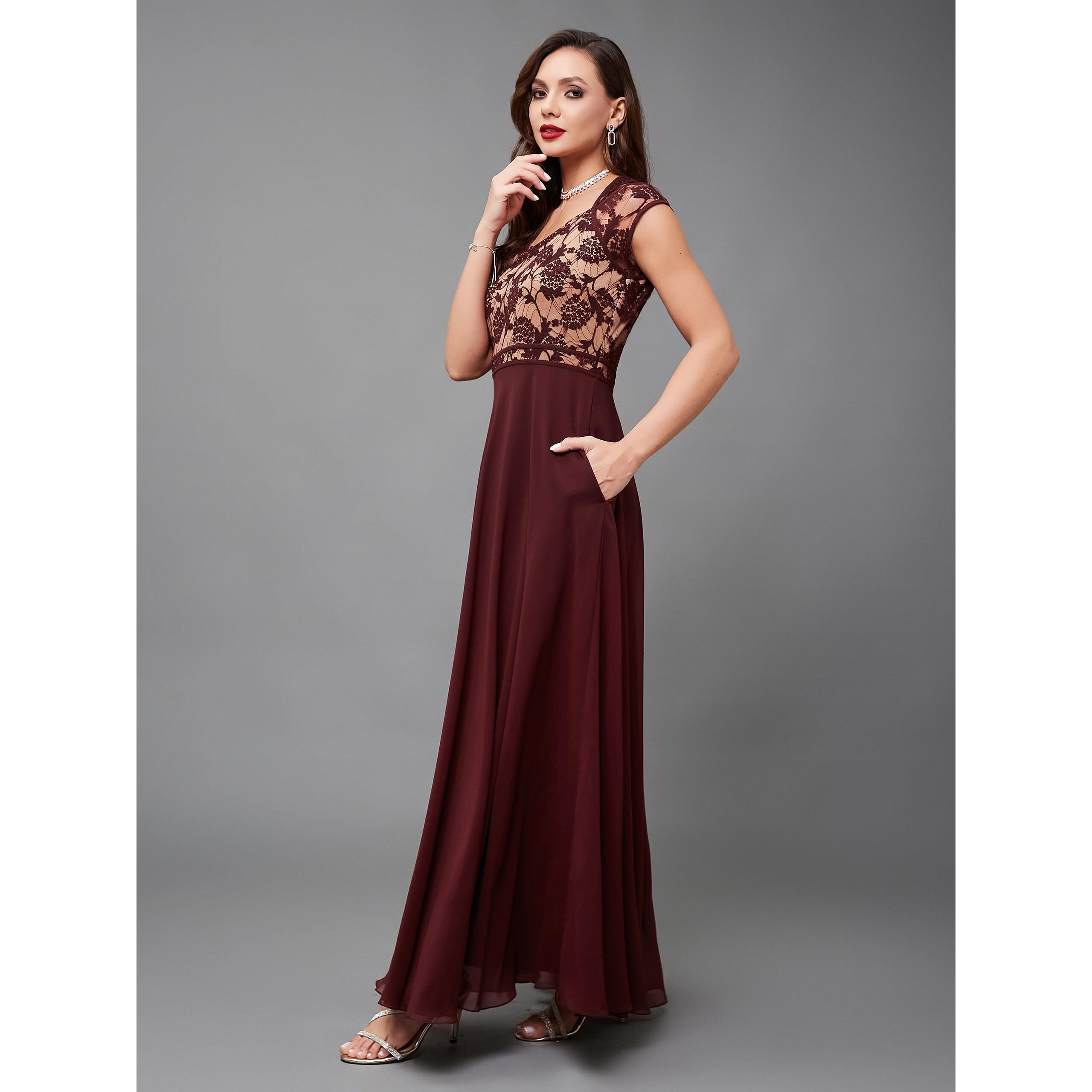 Miss Chase Women's V-Neck Cap Sleeves Lace Overlaid Fit & Flare Maxi Dress With Pockets (Plus (Mcss24D97-12-603-03, Wine & Beige, S)