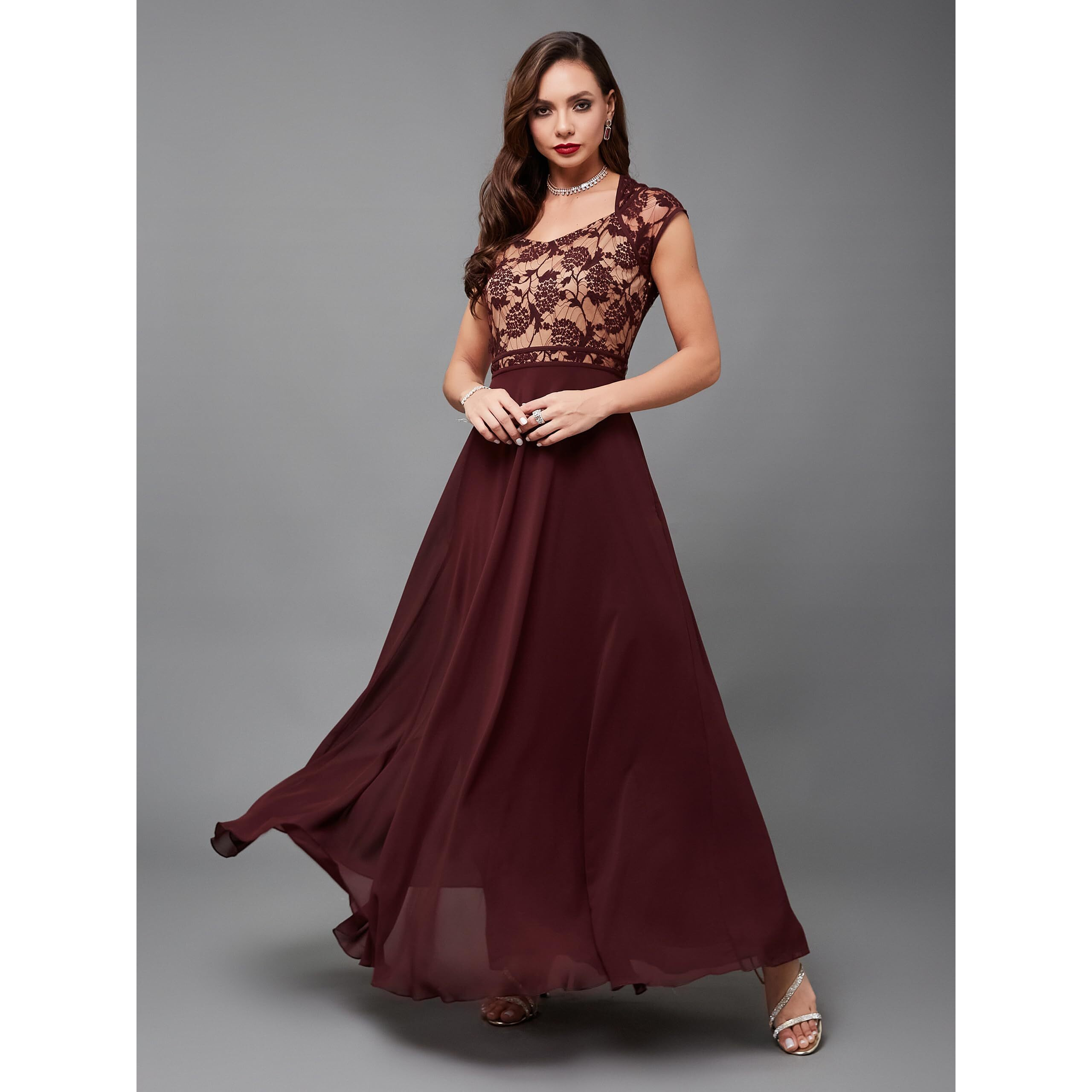 Miss Chase Women's V-Neck Cap Sleeves Lace Overlaid Fit & Flare Maxi Dress With Pockets (Plus (Mcss24D97-12-603-03, Wine & Beige, S)