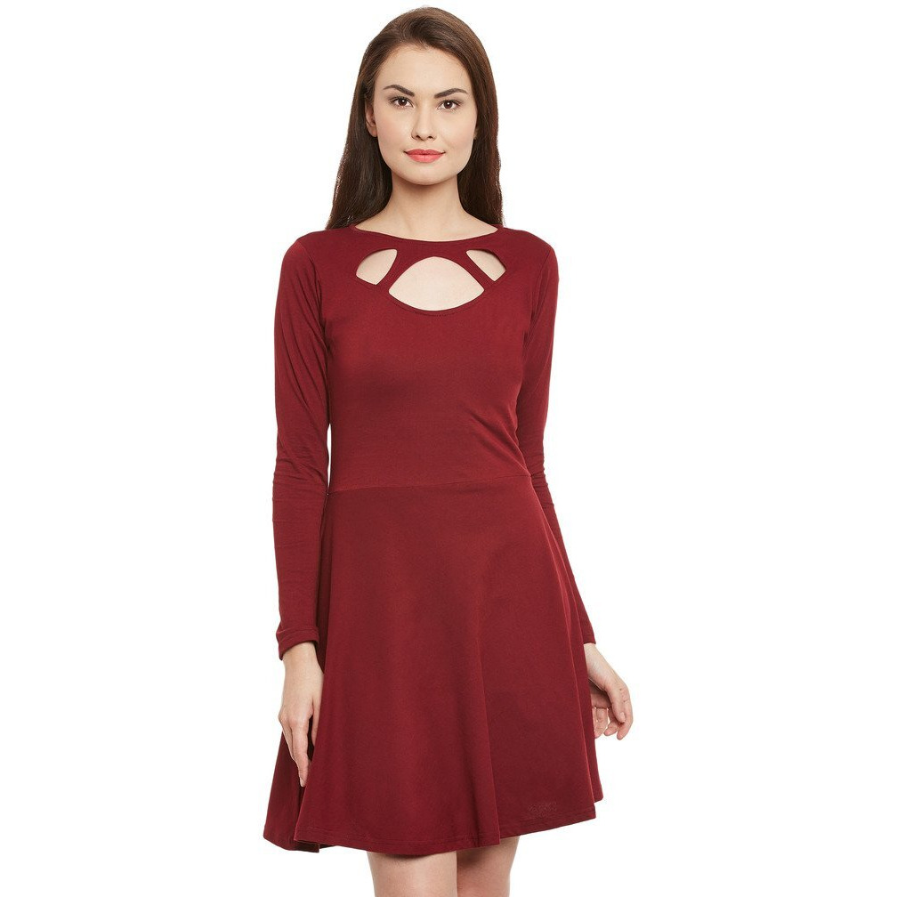 Miss Chase Women's Maroon Solid Full Sleeve Round Cut-Out Neck Mini Skater Dress (Mcaw14D02-62-143_Maroon_M)