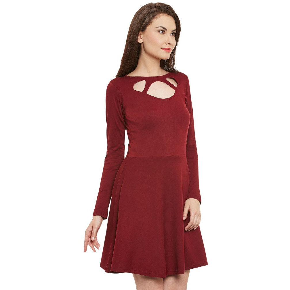 Miss Chase Women's Maroon Solid Full Sleeve Round Cut-Out Neck Mini Skater Dress (Mcaw14D02-62-143_Maroon_M)