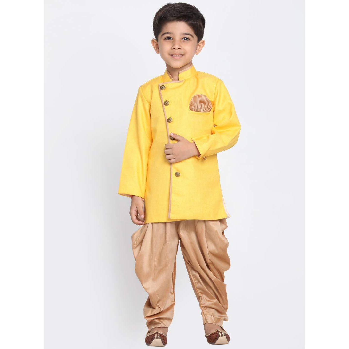 Jbn Creation Boys' Yellow And Rose Gold Cotton Blend Sherwani And Dhoti Pant Set_Jbnbciw124Ywncdrg_36
