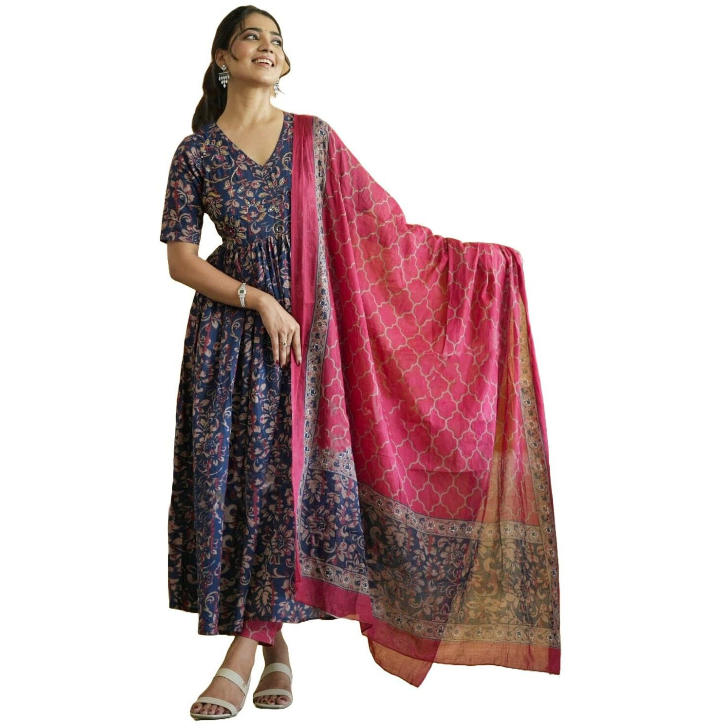 Nermosa Viscose Women Printed Anarkali Kurta Pant With Dupatta Set (In, Alpha, 2Xl, Blue)
