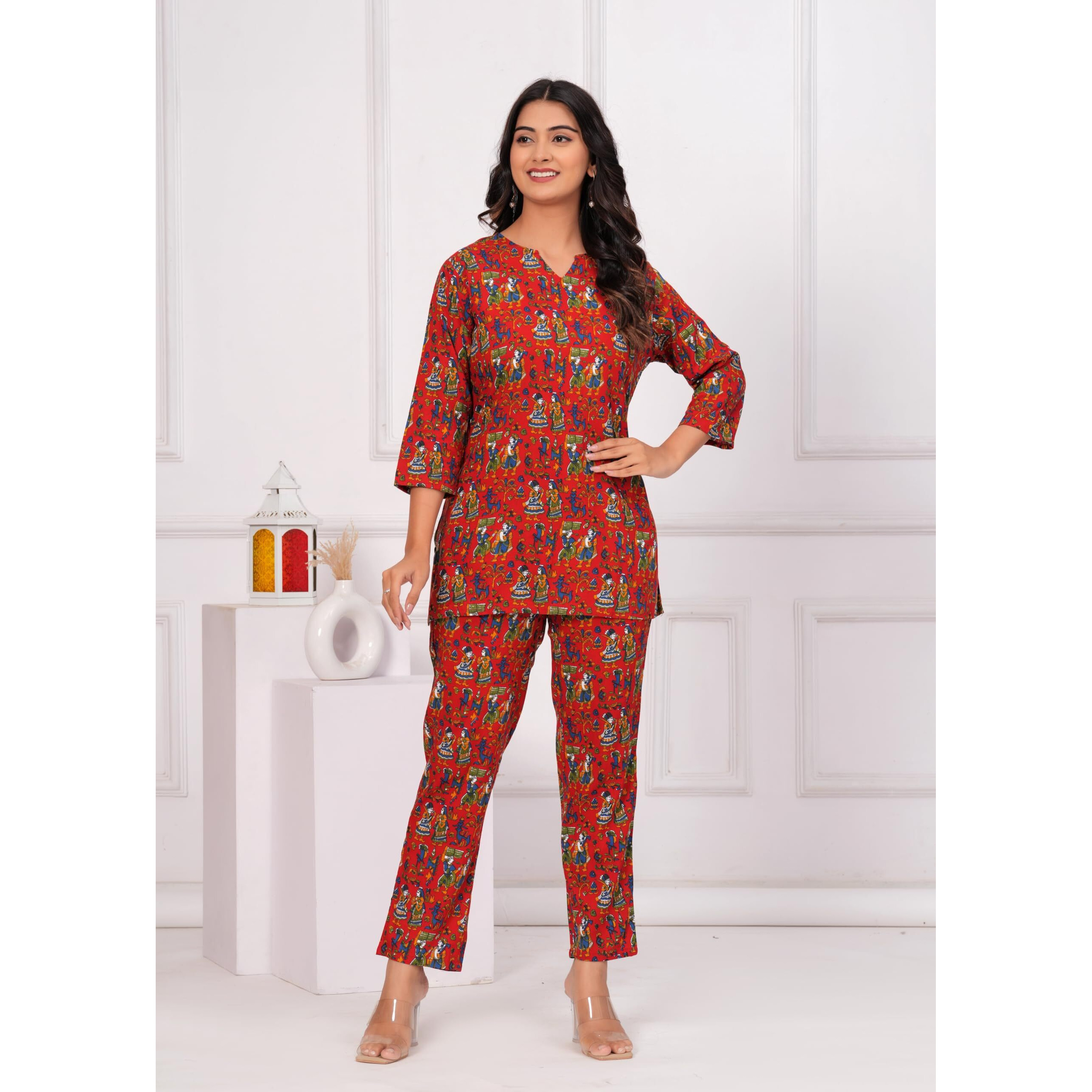 Jikonet Women Cotton Printed Co-Ord Set Kurta Set With Pant Set (Maroon, Small)