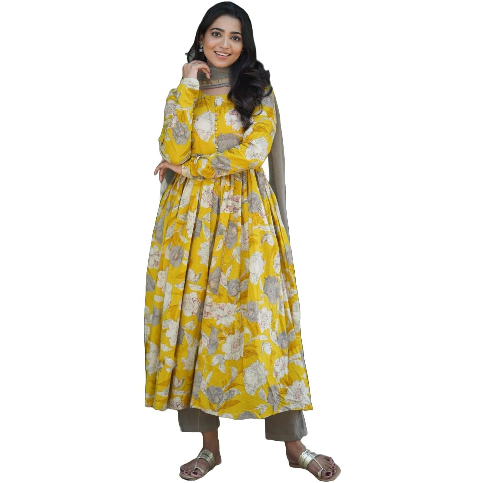 Nermosa Women Printed Anarkali Kurta And Pant Set With Dupatta (In, Alpha, 2Xl, Yellow)
