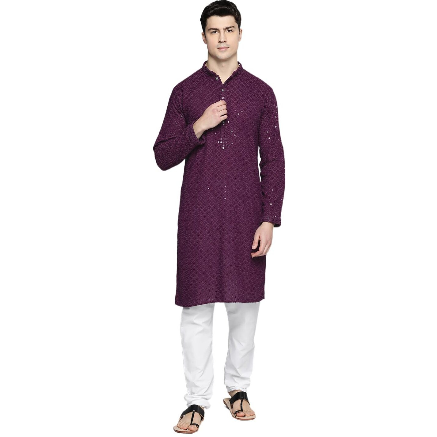 Jompers Purple Chikankari Embroidered And Sequence Kurta Churidar Set For Men. (Purple, S)
