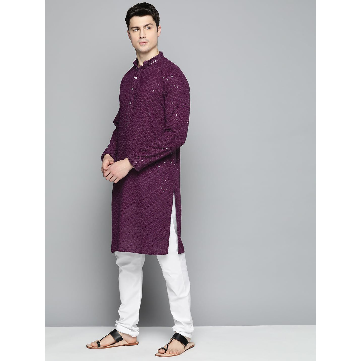 Jompers Purple Chikankari Embroidered And Sequence Kurta Churidar Set For Men. (Purple, S)