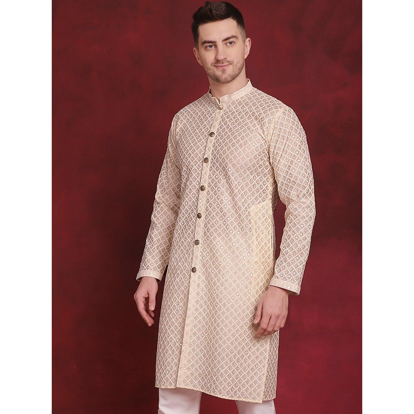 Jompers Men's Sequin Chikankari Front Open Kurtas (Golden, M)