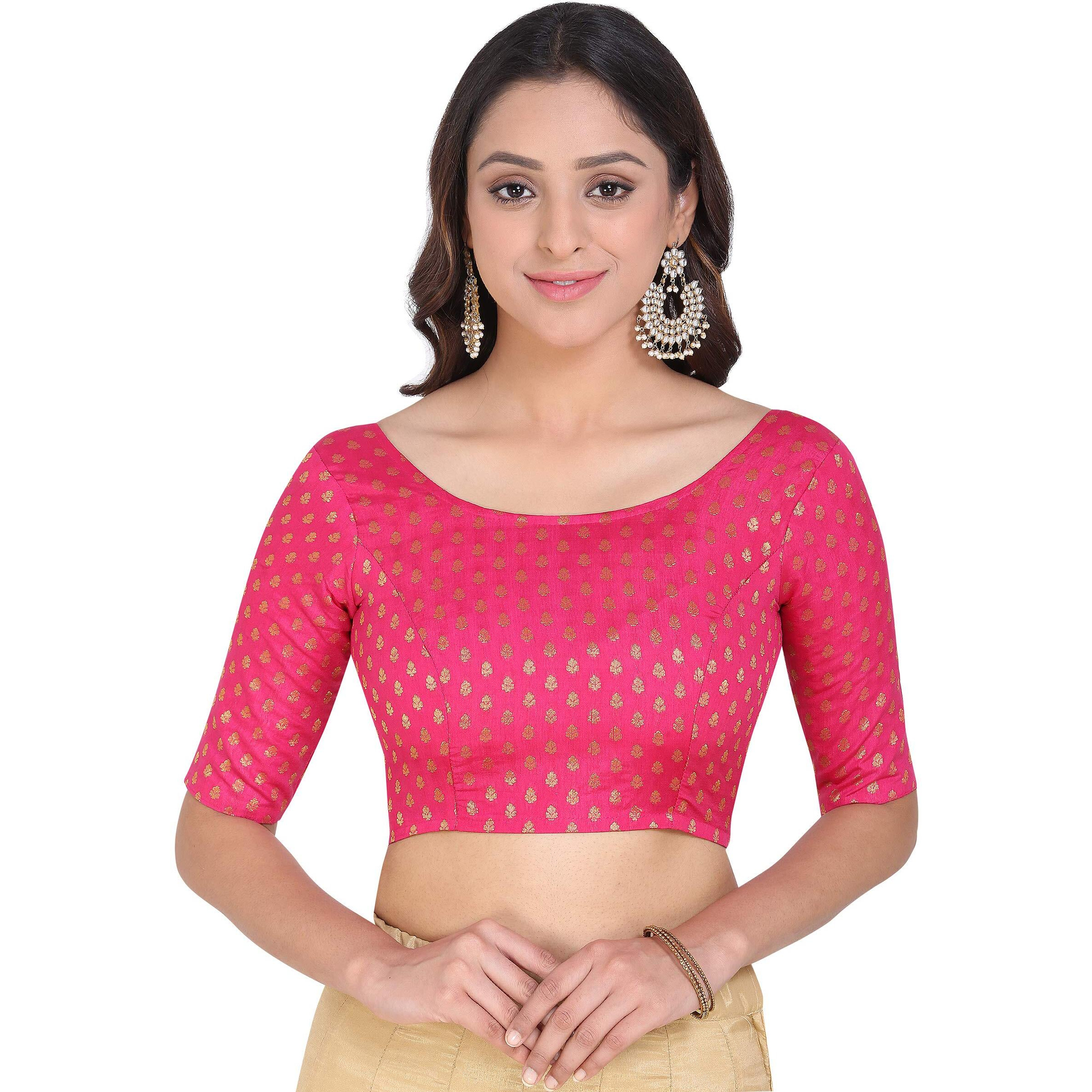 Oomph Art Silk Back Button Saree Blouse (Group 42_Hot Pink_L)