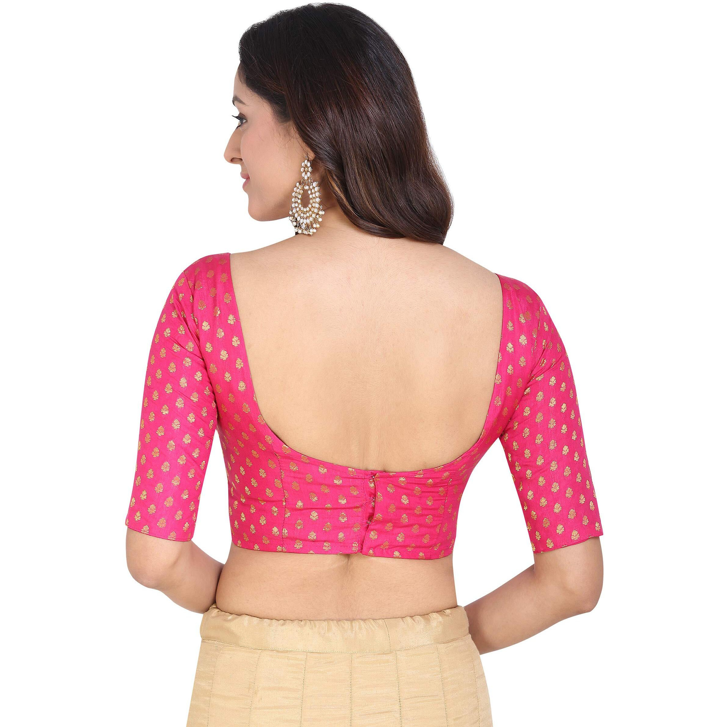 Oomph Art Silk Back Button Saree Blouse (Group 42_Hot Pink_L)