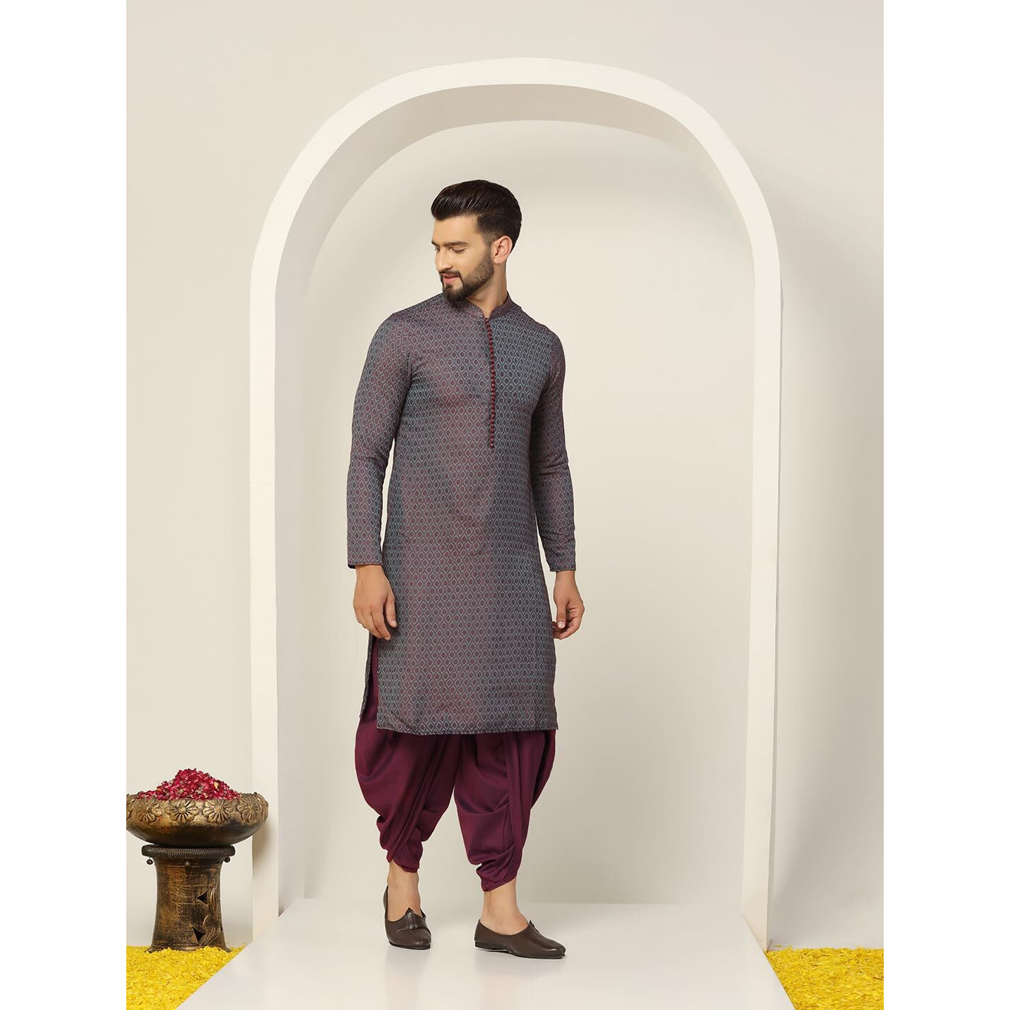Kisah Men's Kurta, Blue Jacquard, Woven Design Long Sleeves Regular Fit Mandarin Collar (Xl)