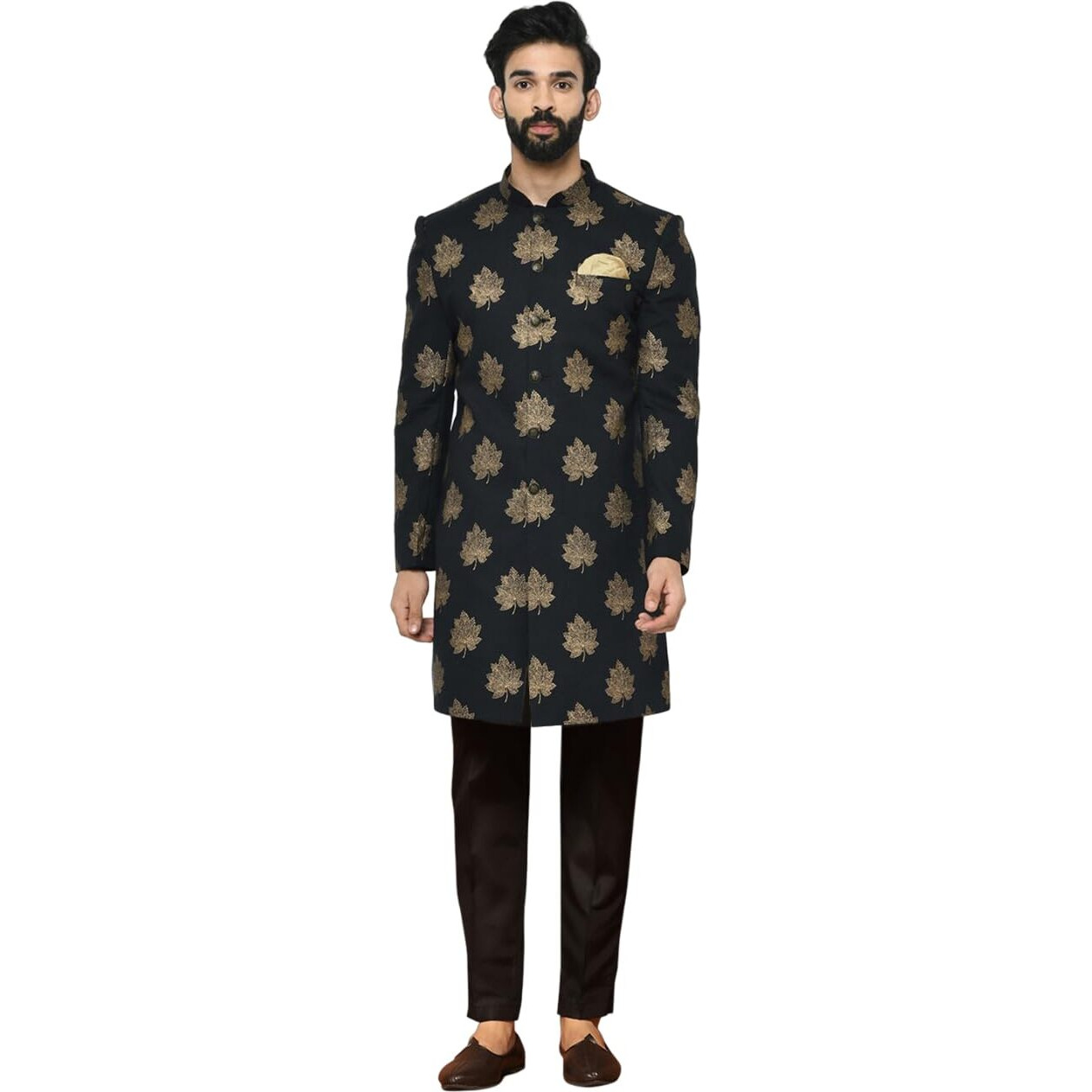 Kisah Men's Cotton Blend Full Sleeves Regular Fit Printed Black Indo-Western Sherwani Trouser Set (M)