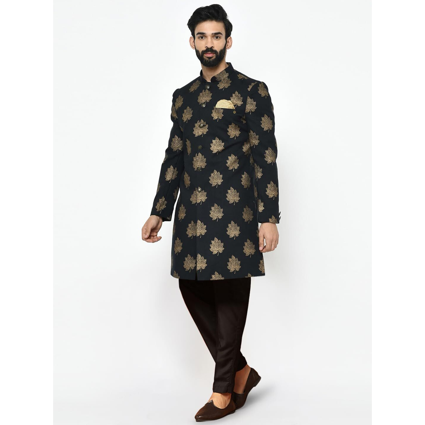 Kisah Men's Cotton Blend Full Sleeves Regular Fit Printed Black Indo-Western Sherwani Trouser Set (M)