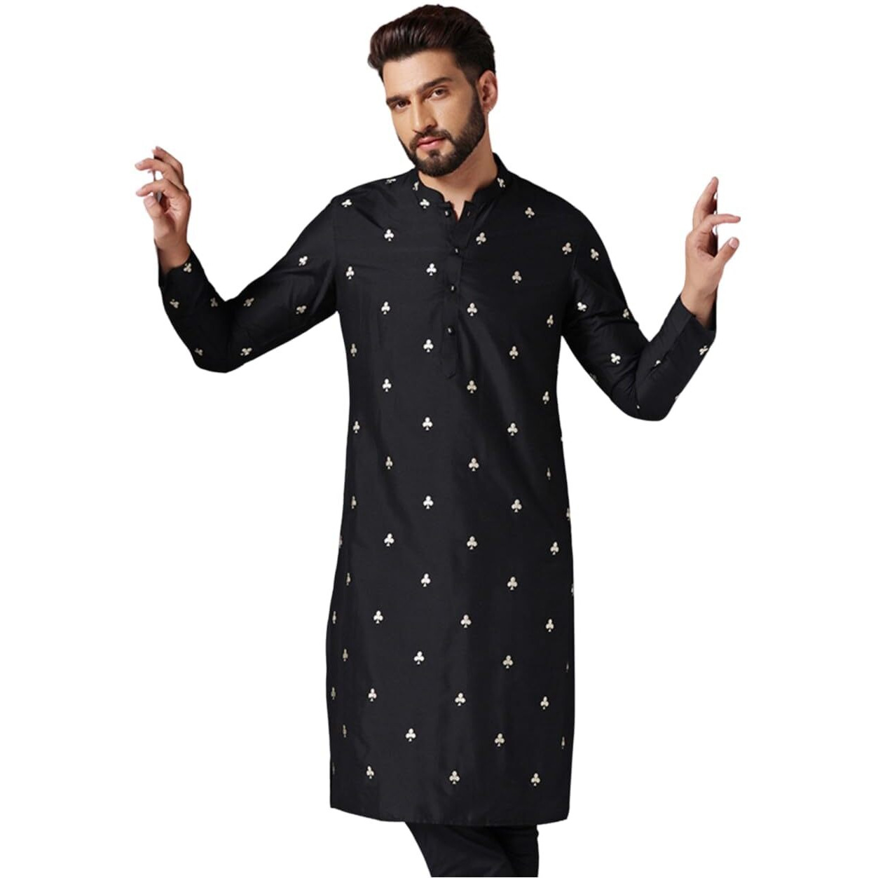 Kisah Mens Kurta, Black Cotton Blend, Embroidered Regular Fit Long Sleeves Mandarin Collar (L)
