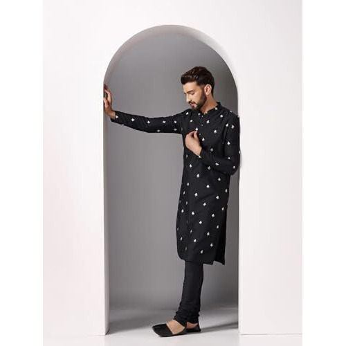 Kisah Mens Kurta, Black Cotton Blend, Embroidered Regular Fit Long Sleeves Mandarin Collar (L)