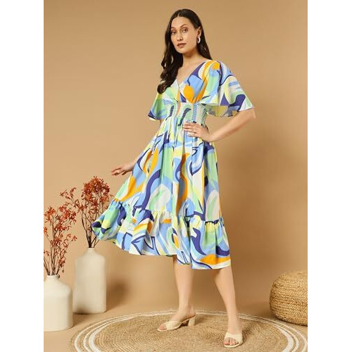 Kzully Women's Rayon Smocked Midi Casual Dress (6001_Rangili_Pista_Blue_M